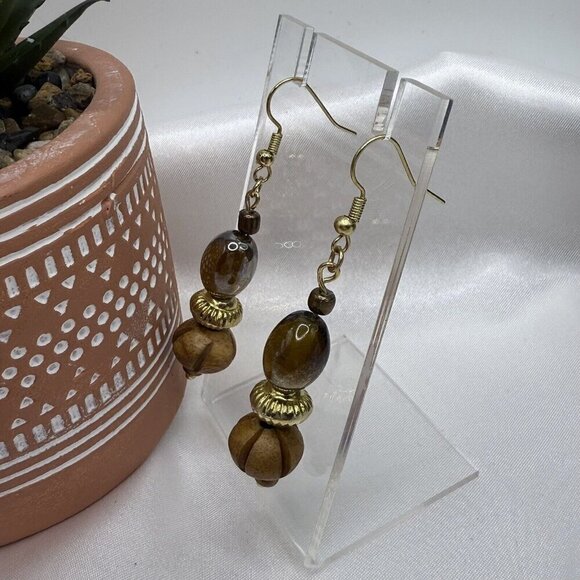 Reimagined Tan Iridescent Glass Wooden Bead Earrings - Picture 3 of 5
